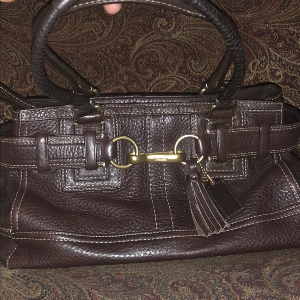 Brown pebbled leather coach shoulder bag